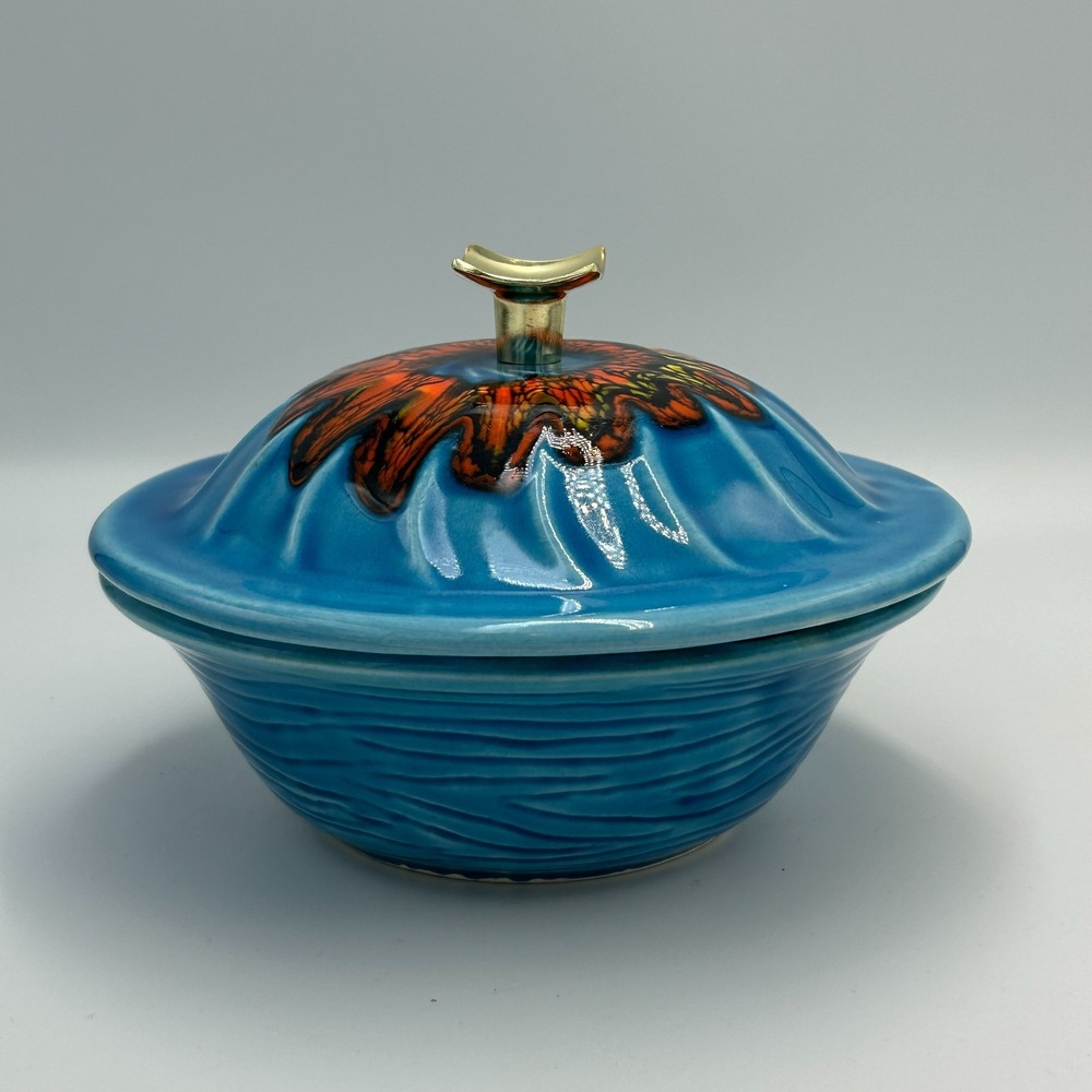 Pottery Vintage MCM Maurice California Bowl Lid Teal Art Swirl‎ Covered Abstract